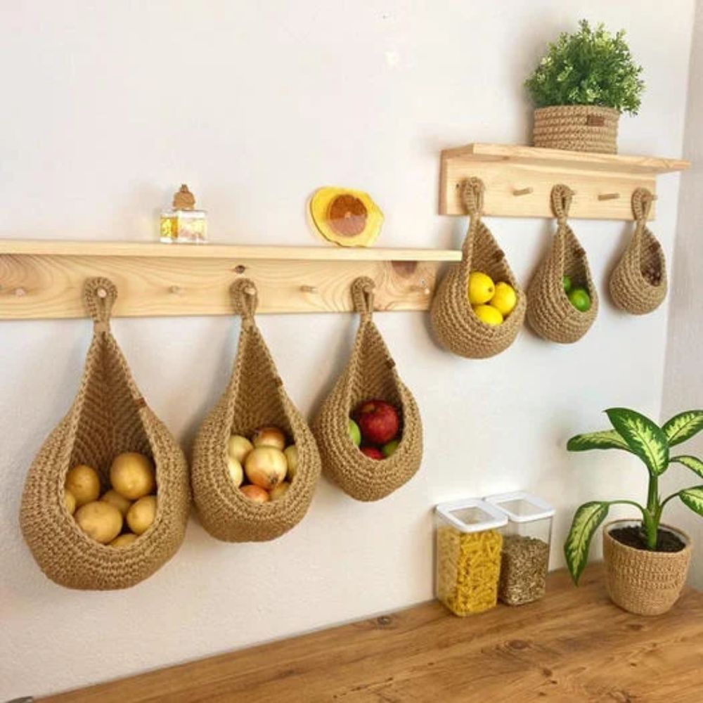 Kit 3 Cestas Suspensas de Corda de Algodão – Organizador Natural para Parede e Cozinha