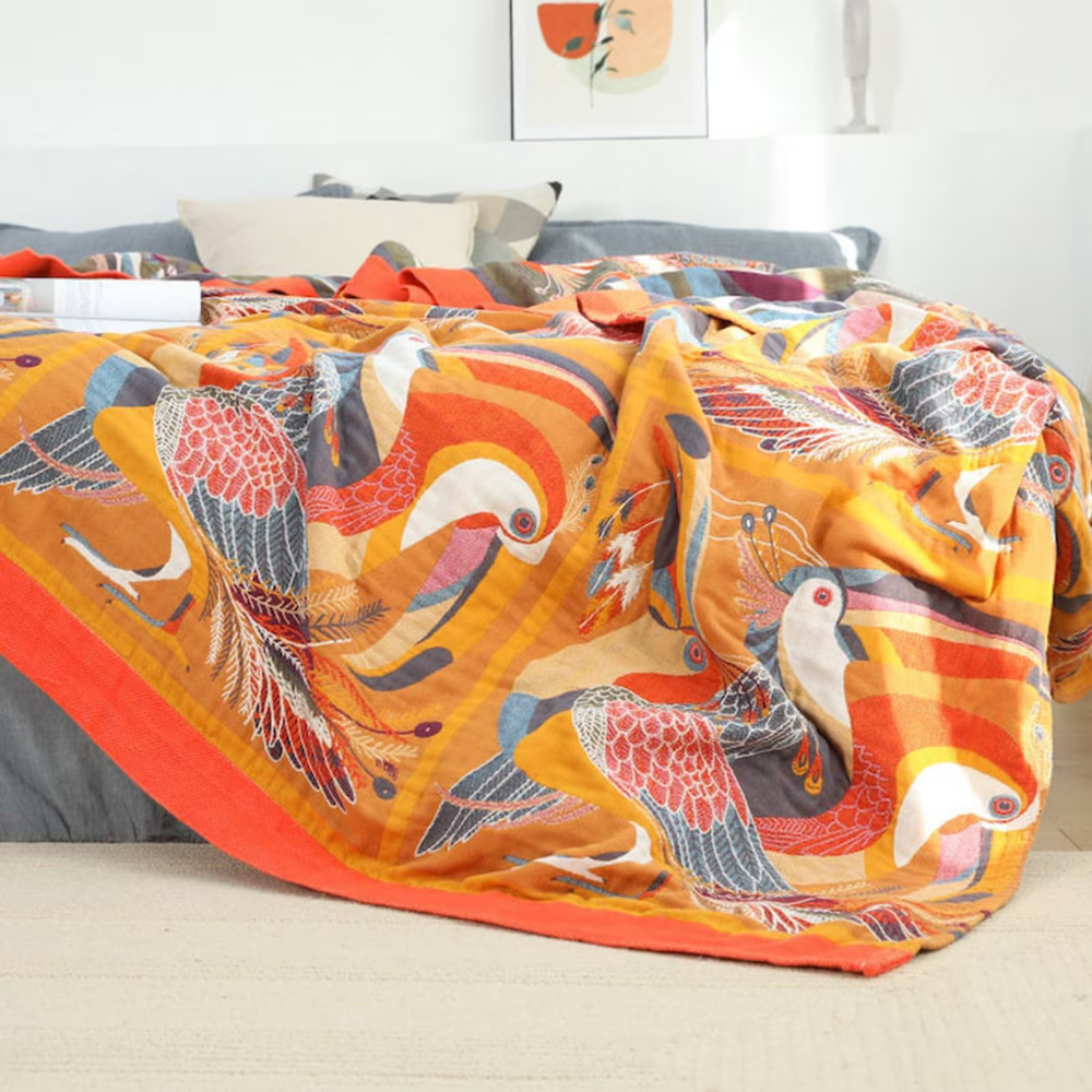 Colcha Estampada de Pássaros em Algodão Gauze – Reversível Tamanhos P, M e G