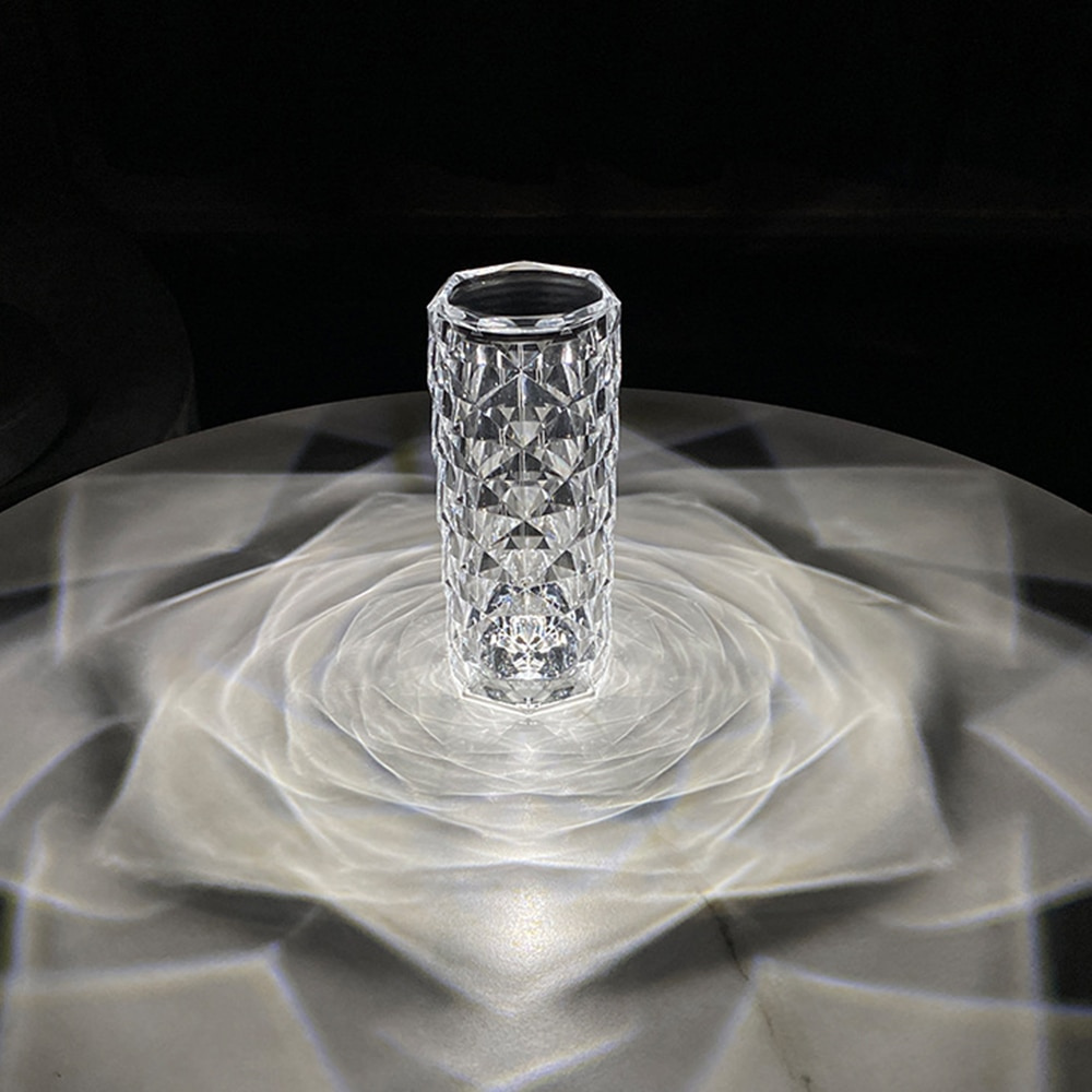 Luminária de Cristal com Padrão de Rosa – Touch USB com Projeção de Luz Diamante