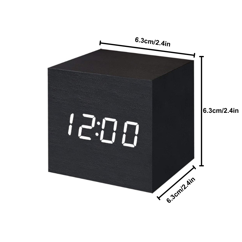 Relógio de Mesa LED Cubo em Madeira – Digital com Display de Temperatura e Data