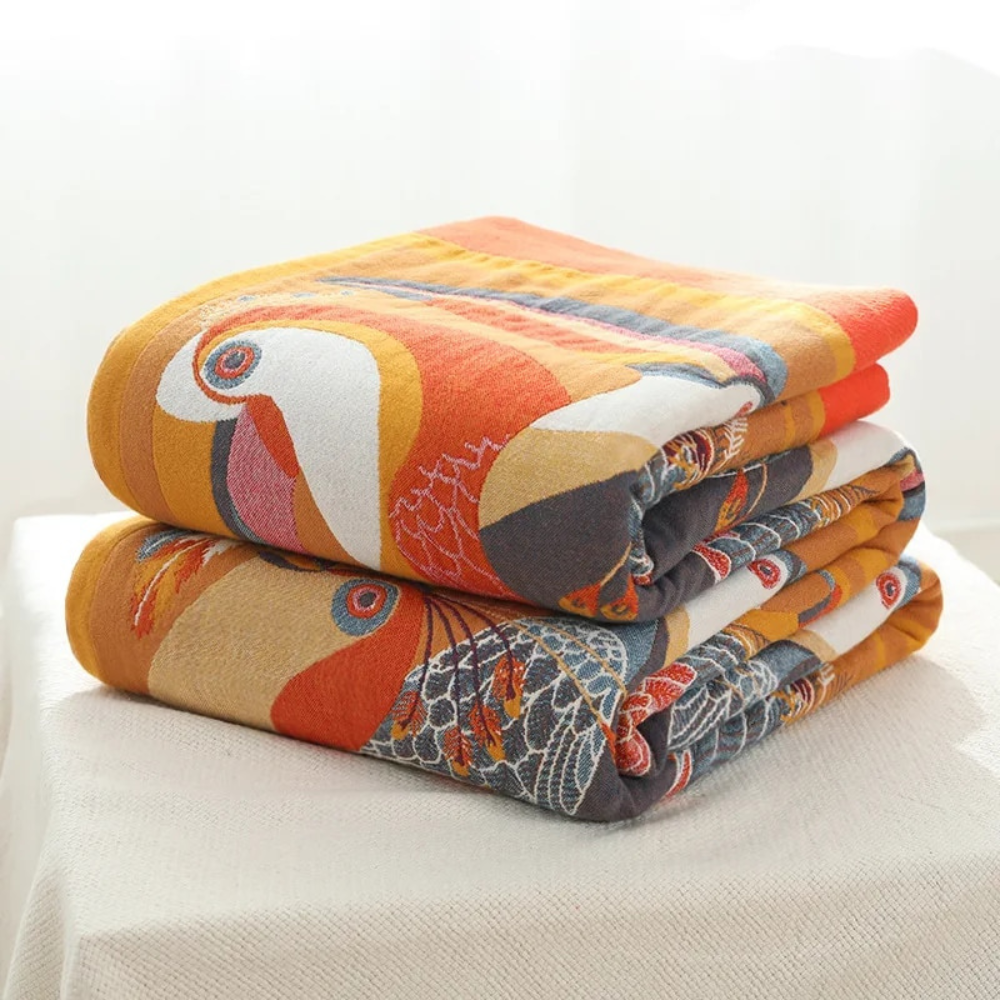 Colcha Estampada de Pássaros em Algodão Gauze – Reversível Tamanhos P, M e G