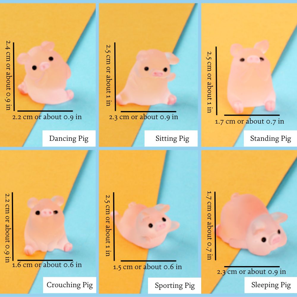 Kit 6 Mini Porquinhos Luminosos – Brilham no Escuro em Poses Diferentes