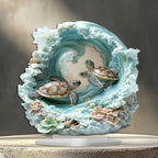 Ornamento Decorativo de Tartaruga Marinha em Acrílico 2D – Cena do Oceano com Suporte