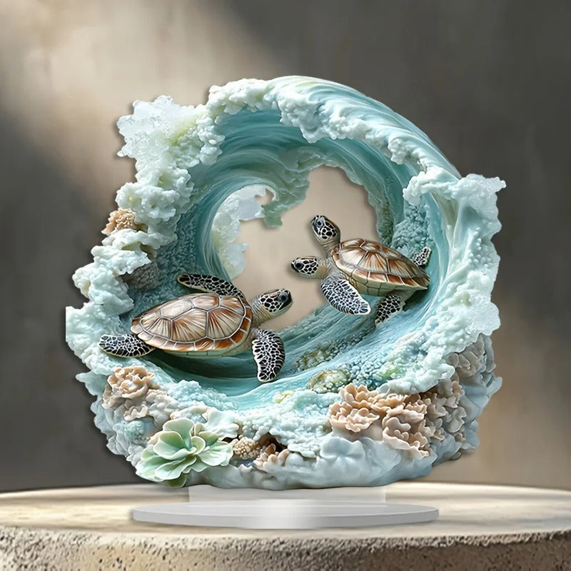 Ornamento Decorativo de Tartaruga Marinha em Acrílico 2D – Cena do Oceano com Suporte