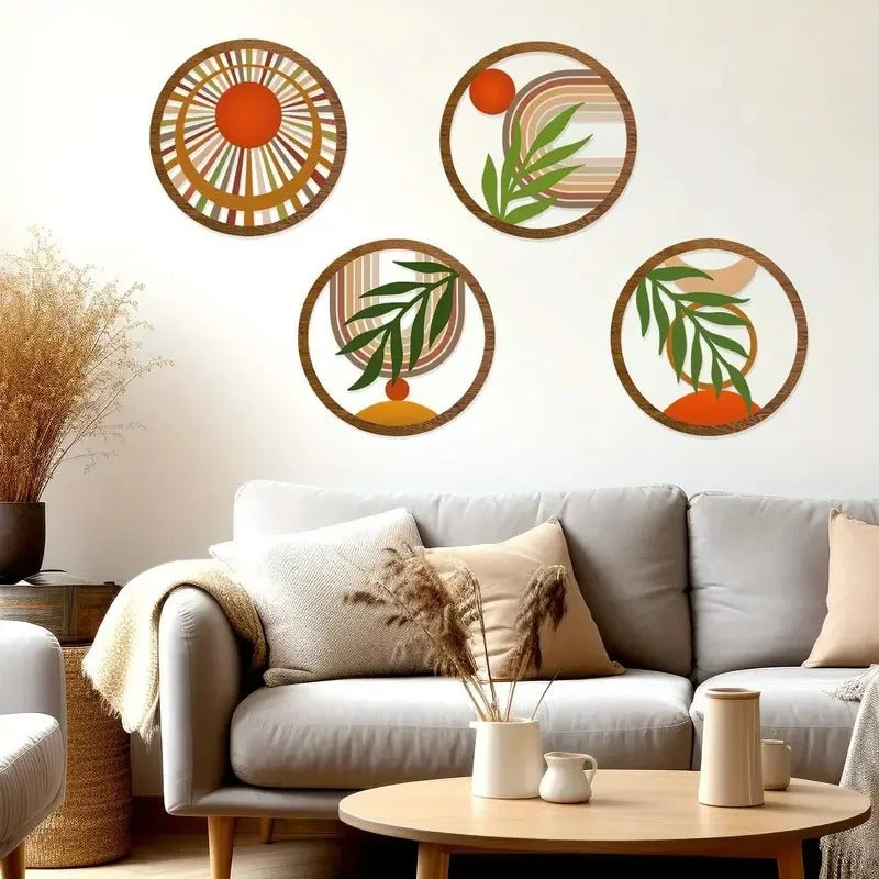 Kit 4 Quadros Redondos de Madeira Oca Boho
