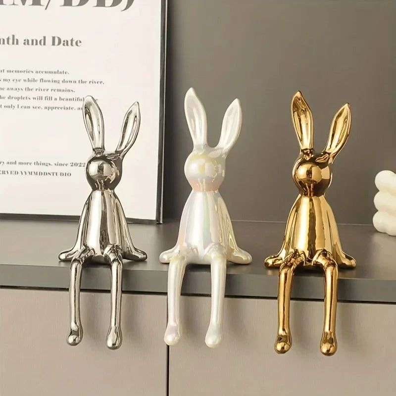 Estatueta Decorativa de Coelho Sentado em Cerâmica – Luxo High-End 21cm
