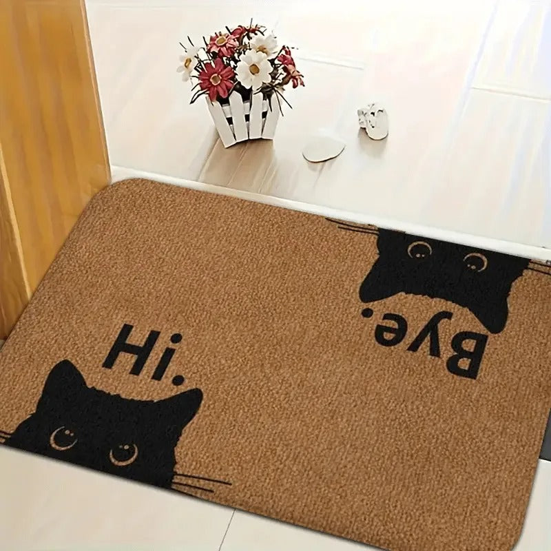Capacho Gato "Hi & Bye" – Tapete de Porta Divertido com Rosto de Gato Preto