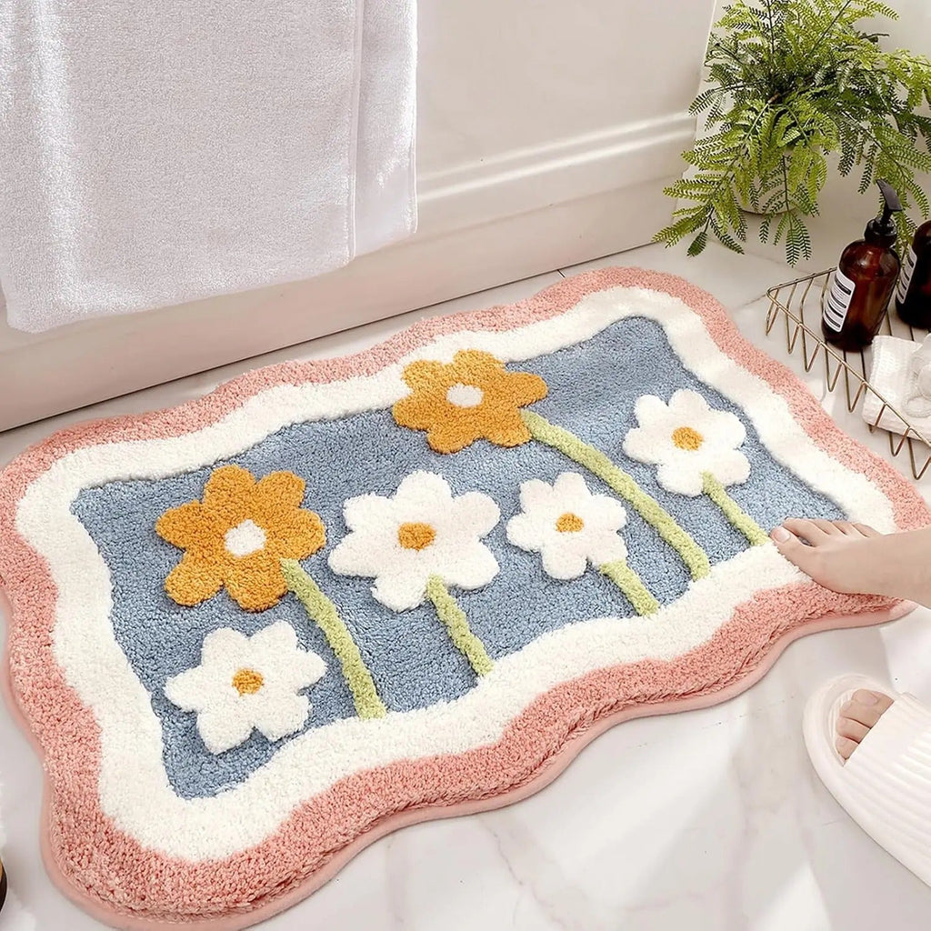 Tapete de Banheiro Antiderrapante com Flores em Relevo – Lã Macia de Secagem Rápida