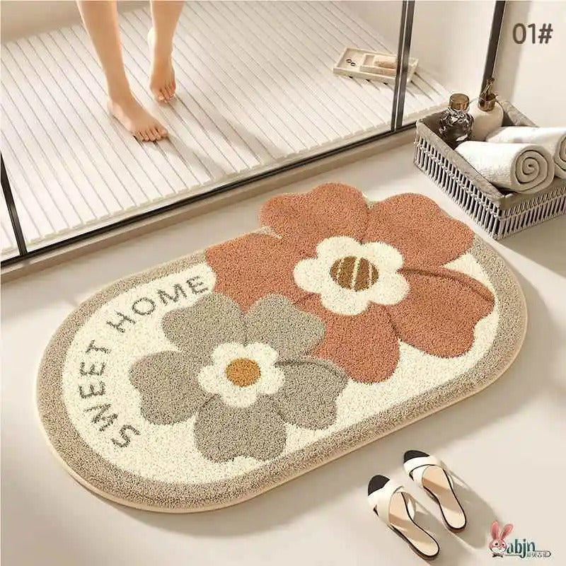 Tapete Absorvente "Sweet Home" com Flores em Relevo – Para Porta e Banheiro 4 Tamanhos