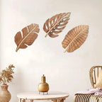 Kit 3 Folhas Decorativas de Parede em Madeira – Escultura Boho Natural