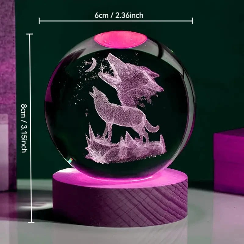 Bola de Cristal com Gravação 3D Lobo Uivando