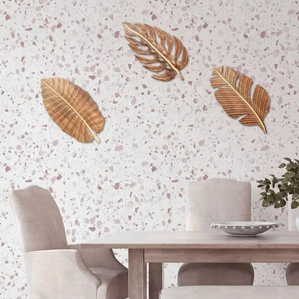 Kit 3 Folhas Decorativas de Parede em Madeira – Escultura Boho Natural