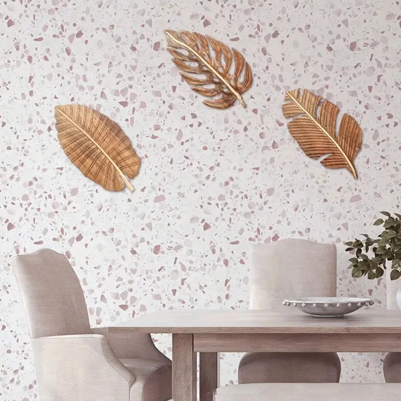 Kit 3 Folhas Decorativas de Parede em Madeira – Escultura Boho Natural