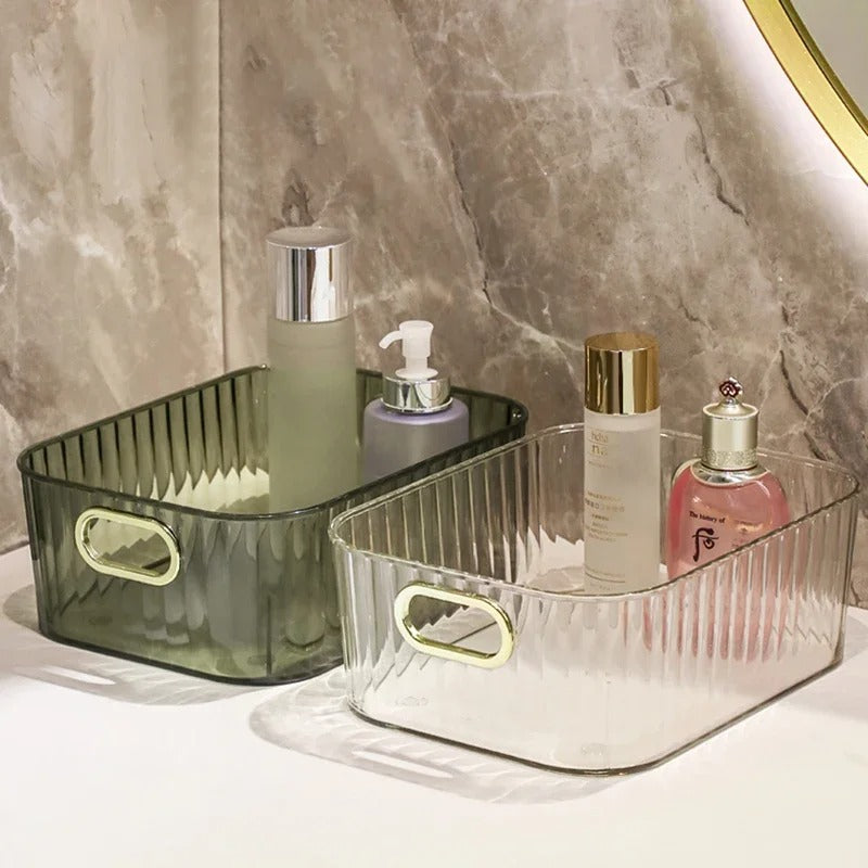 Organizador Acrílico Canelado com Alças Douradas – Para Banheiro, Quarto e Cosméticos