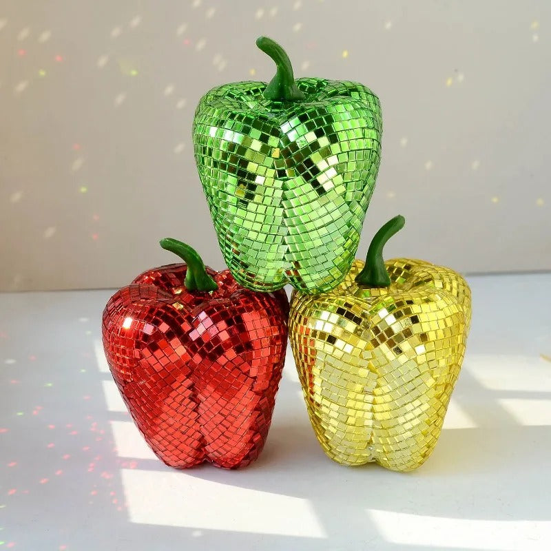 Ornamento Decorativo Vegetal Disco Ball – Tomate, Pimenta, Pera e Cenoura Espelhados
