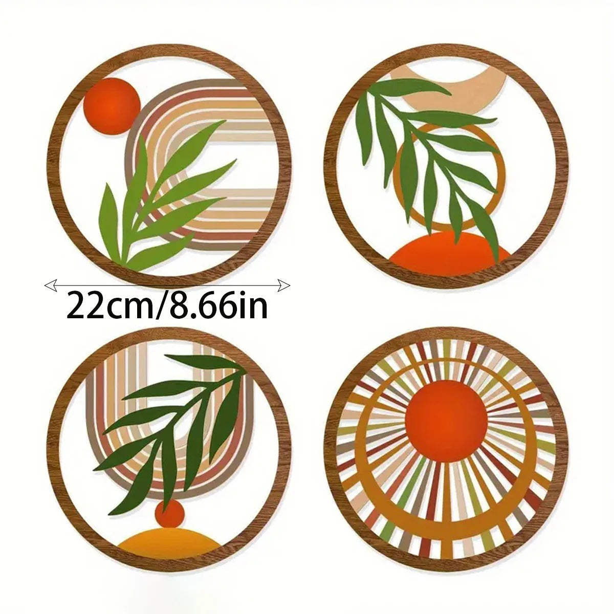 Kit 4 Quadros Redondos de Madeira Oca Boho