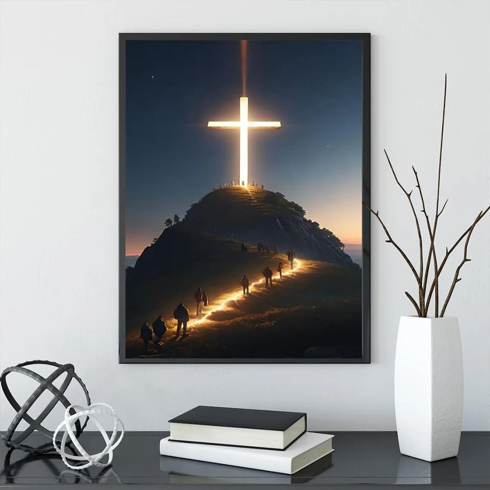 Quadro Decorativo Religioso – Cruz no Topo da Montanha, Pintura em Tela