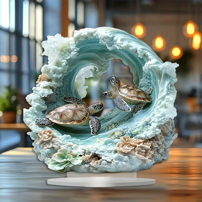 Ornamento Decorativo de Tartaruga Marinha em Acrílico 2D – Cena do Oceano com Suporte