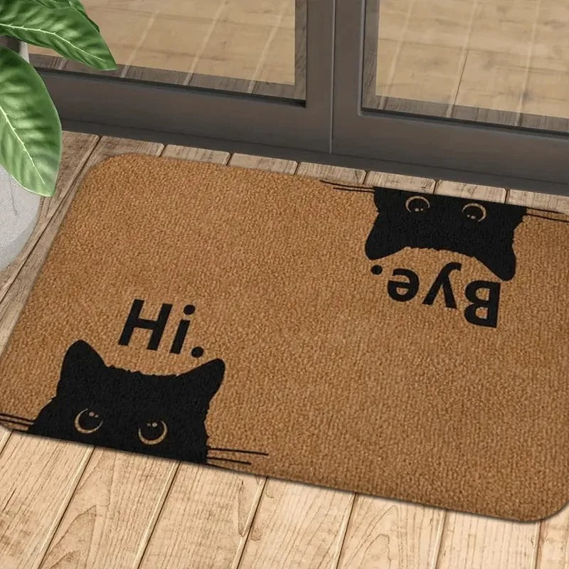 Capacho Gato "Hi & Bye" – Tapete de Porta Divertido com Rosto de Gato Preto
