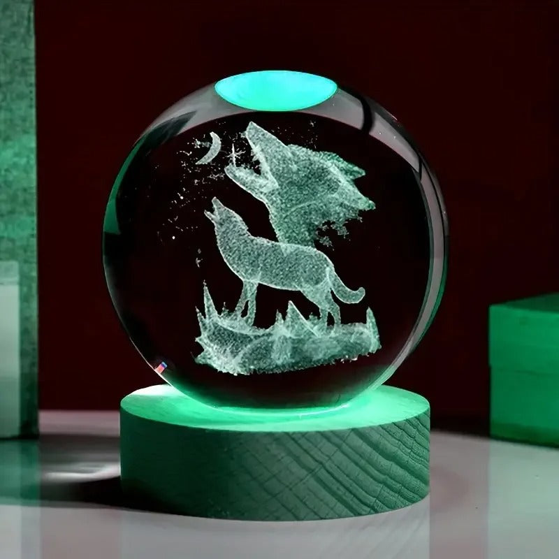 Bola de Cristal com Gravação 3D Lobo Uivando