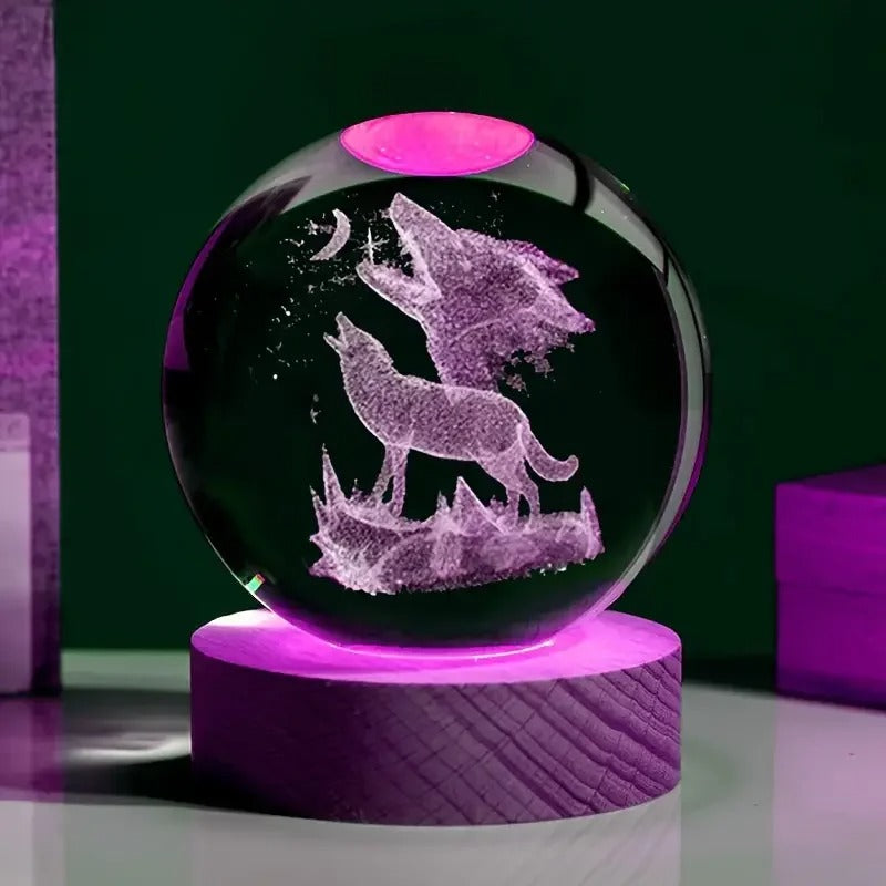 Bola de Cristal com Gravação 3D Lobo Uivando
