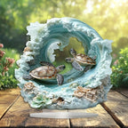 Ornamento Decorativo de Tartaruga Marinha em Acrílico 2D – Cena do Oceano com Suporte