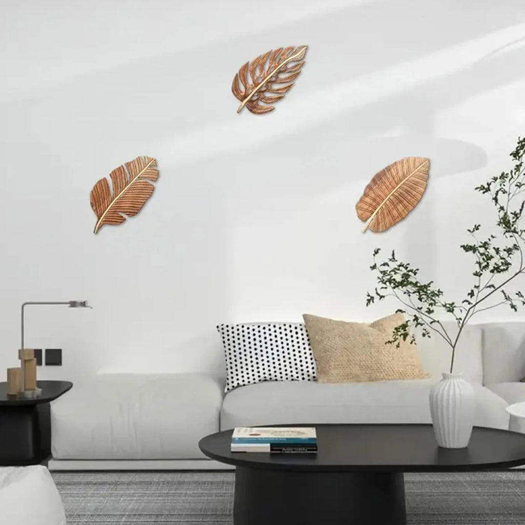 Kit 3 Folhas Decorativas de Parede em Madeira – Escultura Boho Natural