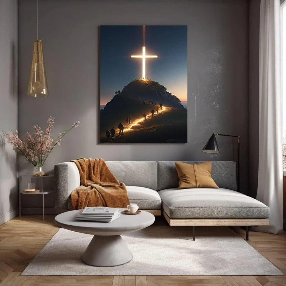Quadro Decorativo Religioso – Cruz no Topo da Montanha, Pintura em Tela