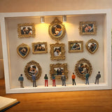 Mini Museu DIY de Memórias – Caixa com Molduras Douradas e Estatuas Miniatura