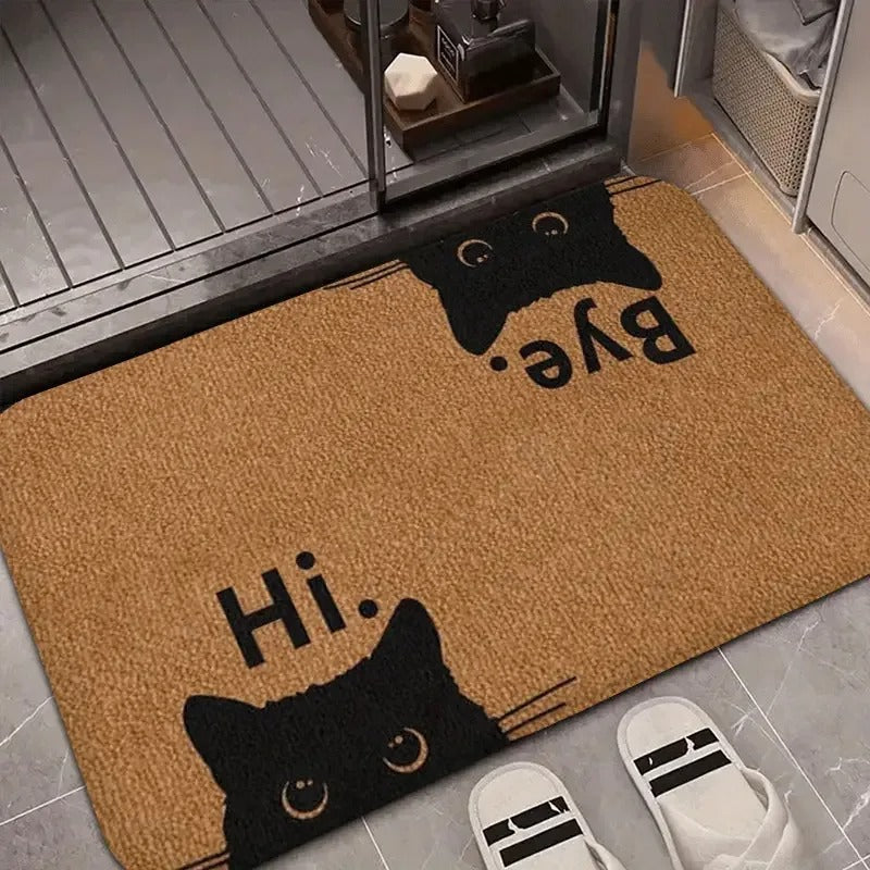 Capacho Gato "Hi & Bye" – Tapete de Porta Divertido com Rosto de Gato Preto