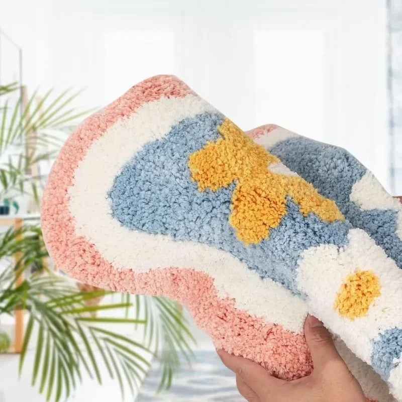Tapete de Banheiro Antiderrapante com Flores em Relevo – Lã Macia de Secagem Rápida