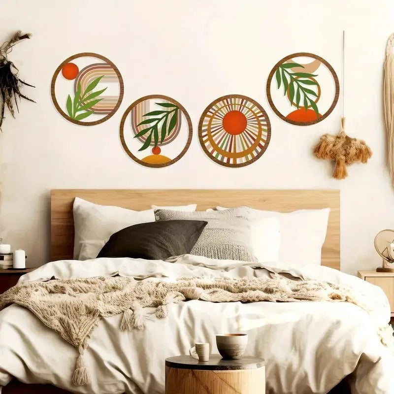 Kit 4 Quadros Redondos de Madeira Oca Boho