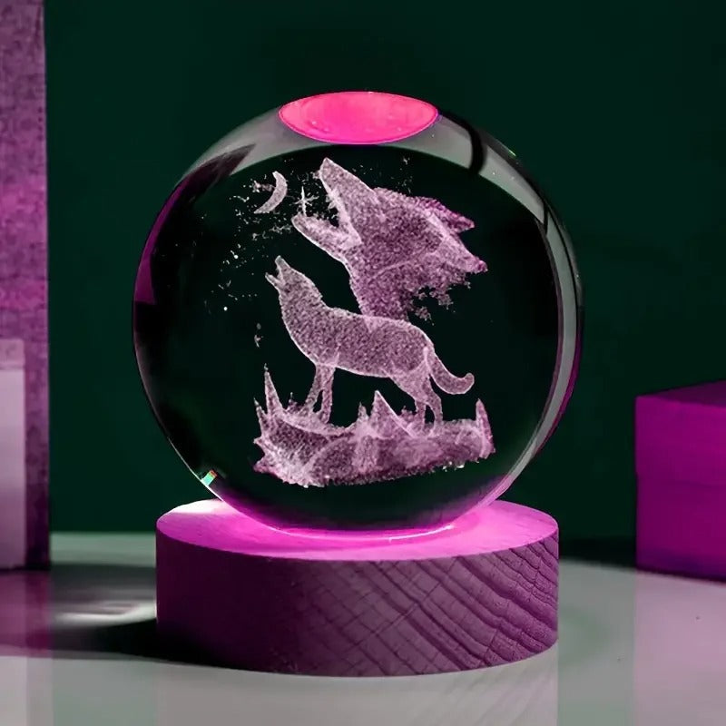 Bola de Cristal com Gravação 3D Lobo Uivando