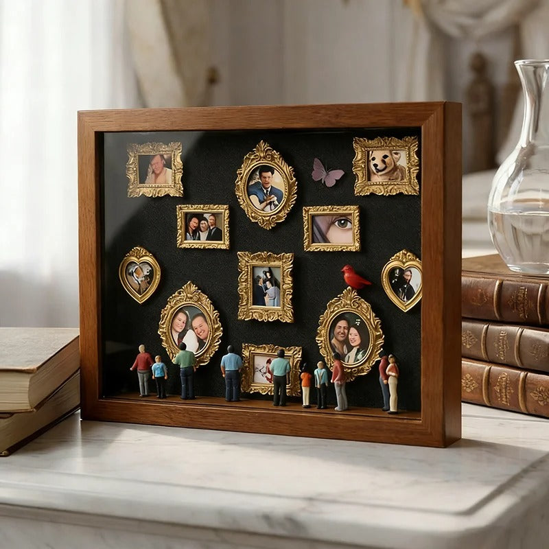 Mini Museu DIY de Memórias – Caixa com Molduras Douradas e Estatuas Miniatura