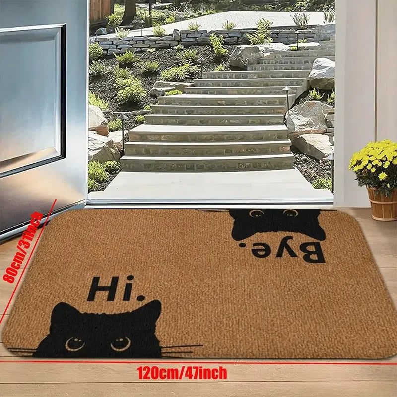 Capacho Gato "Hi & Bye" – Tapete de Porta Divertido com Rosto de Gato Preto