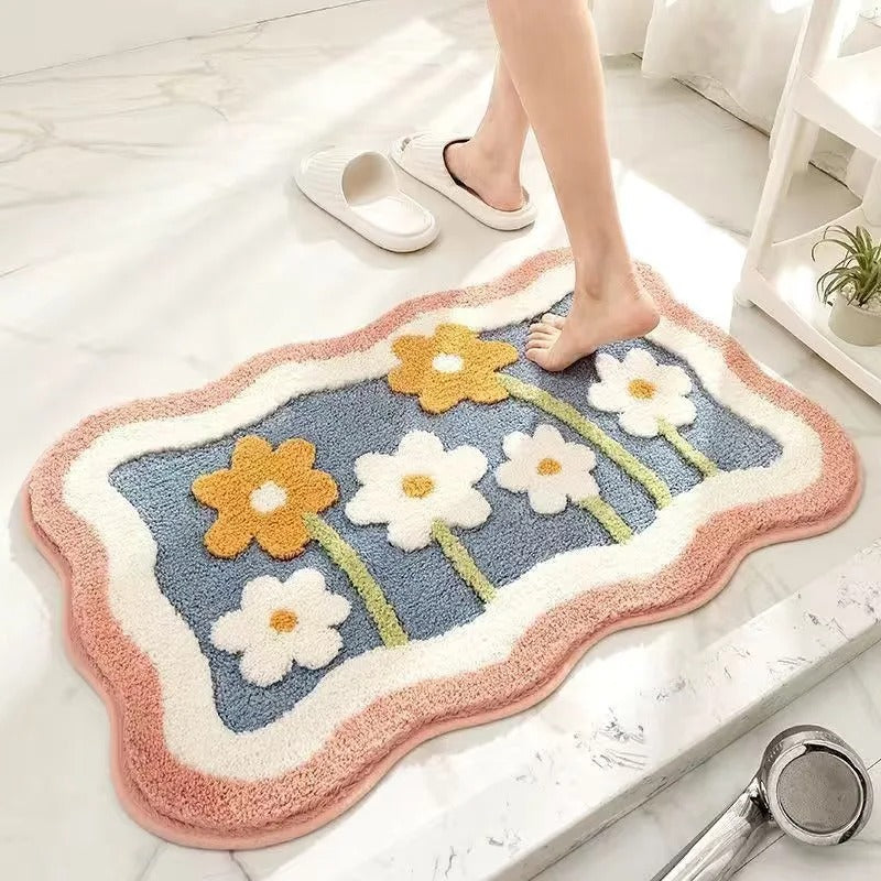 Tapete de Banheiro Antiderrapante com Flores em Relevo – Lã Macia de Secagem Rápida
