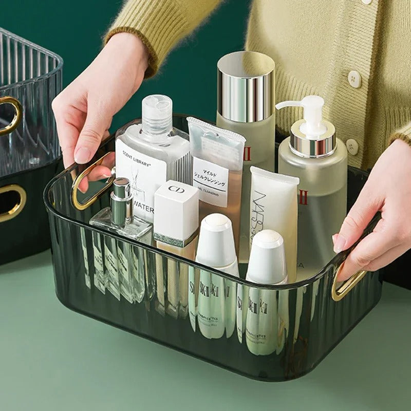Organizador Acrílico Canelado com Alças Douradas – Para Banheiro, Quarto e Cosméticos