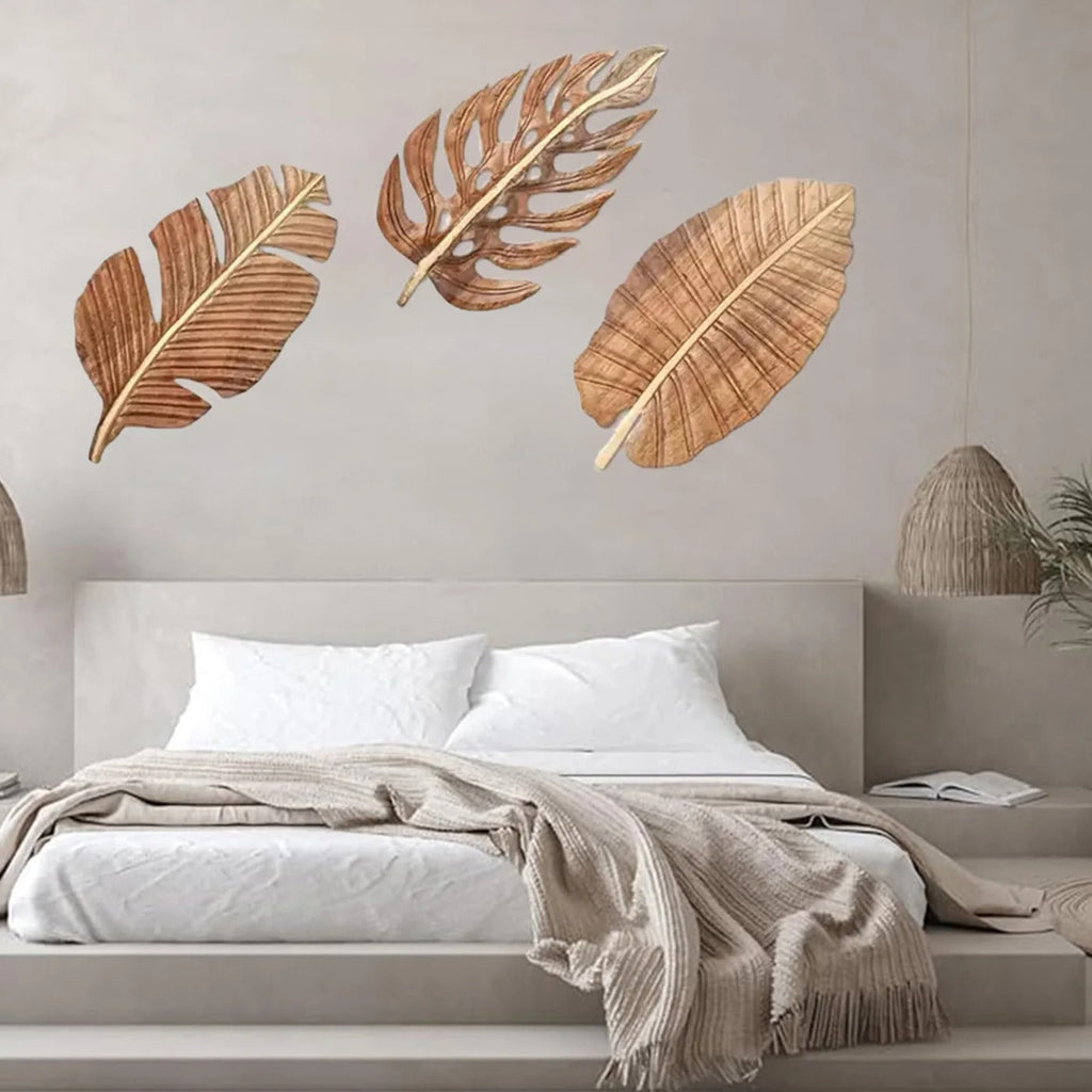 Kit 3 Folhas Decorativas de Parede em Madeira – Escultura Boho Natural