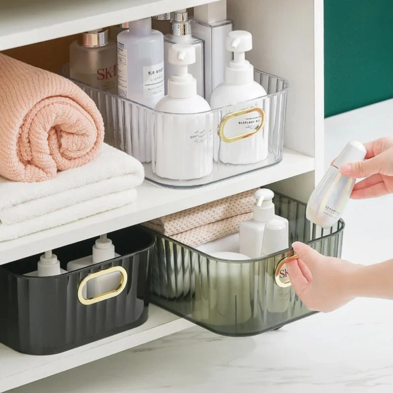Organizador Acrílico Canelado com Alças Douradas – Para Banheiro, Quarto e Cosméticos