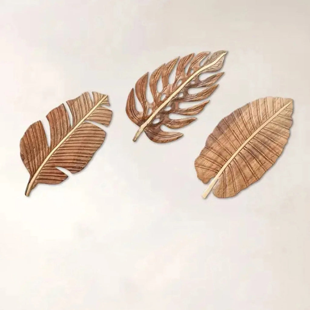 Kit 3 Folhas Decorativas de Parede em Madeira – Escultura Boho Natural