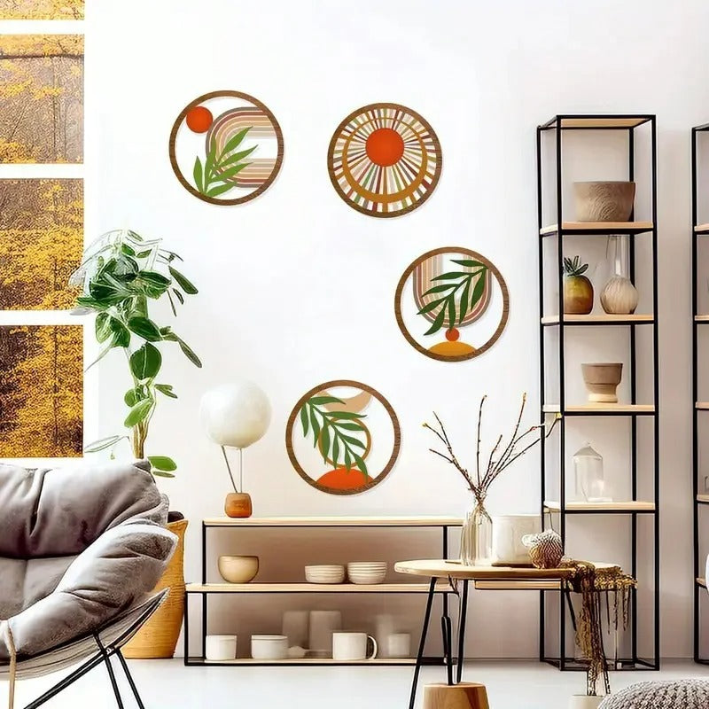 Kit 4 Quadros Redondos de Madeira Oca Boho