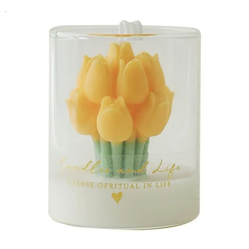 Vela Aromática de Tulipas em Cera de Soja – Buquê Artesanal em Redoma de Vidro