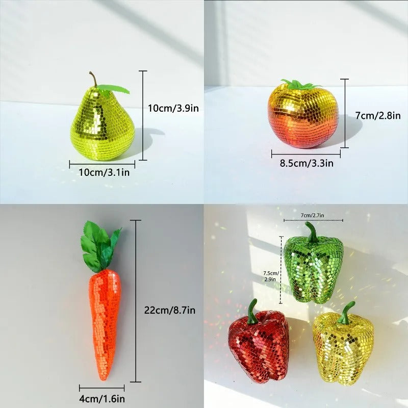 Ornamento Decorativo Vegetal Disco Ball – Tomate, Pimenta, Pera e Cenoura Espelhados