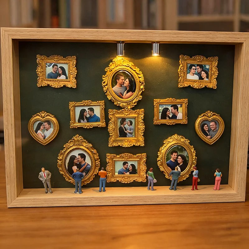Mini Museu DIY de Memórias – Caixa com Molduras Douradas e Estatuas Miniatura