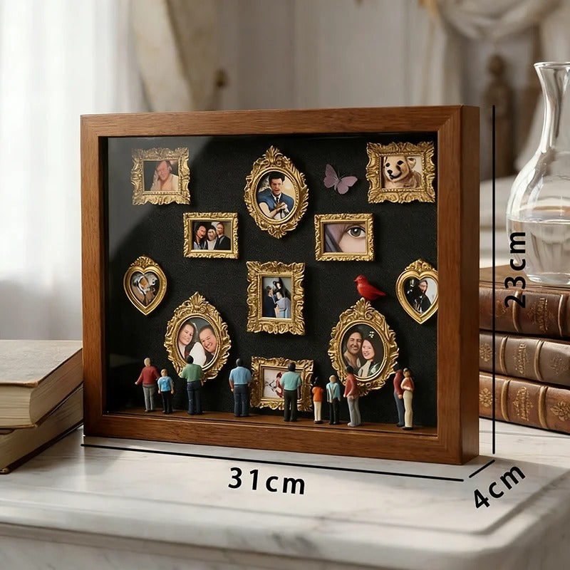 Mini Museu DIY de Memórias – Caixa com Molduras Douradas e Estatuas Miniatura