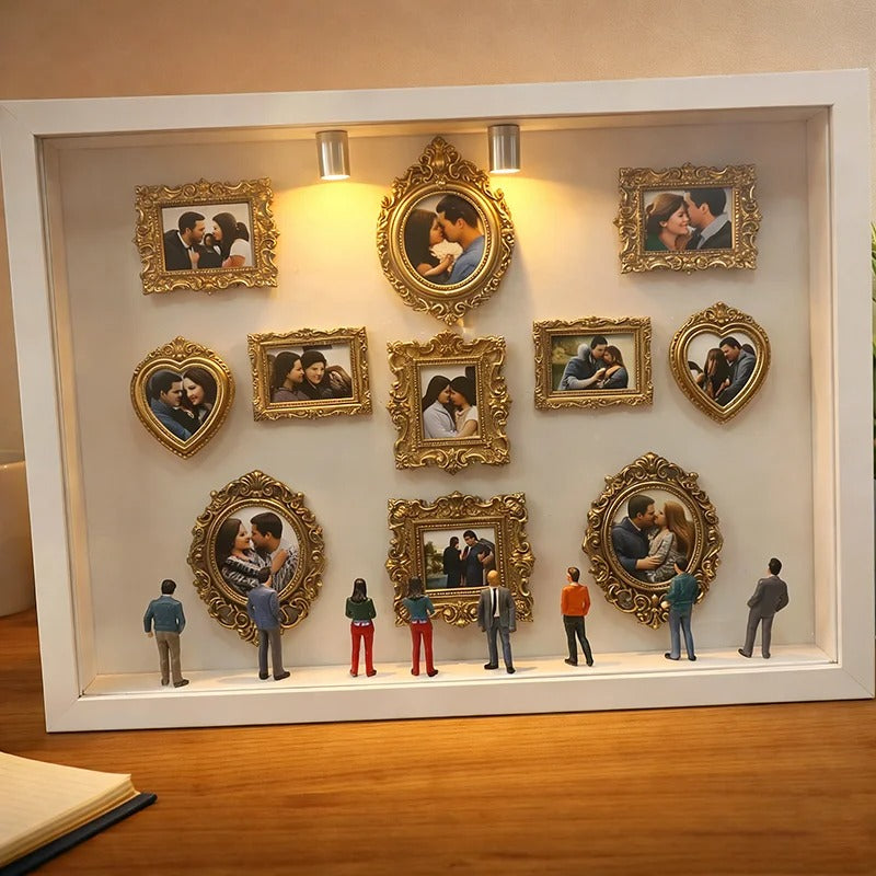 Mini Museu DIY de Memórias – Caixa com Molduras Douradas e Estatuas Miniatura