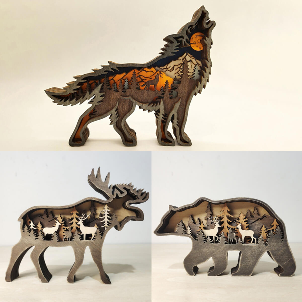 Escultura Decorativa de Animal Rústico em Madeira – Lobo, Urso e Alce Artesanal